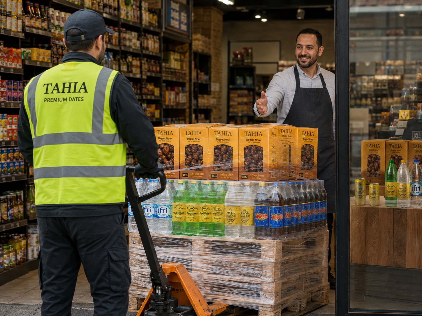 Livraison d’une palette de produits TAHIA à un commerce partenaire